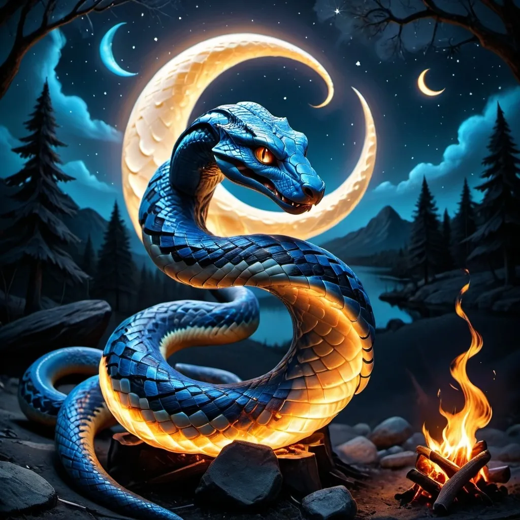 Prompt: a blue campfire below a curled snake in the position of the moon