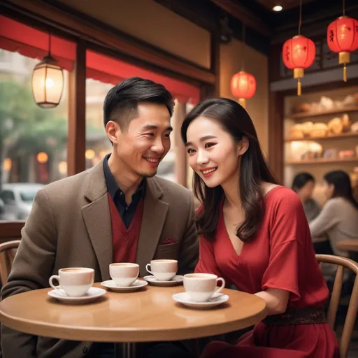 Prompt: a Chinese adult and a Chinese women meet at a romantic cafeteria
