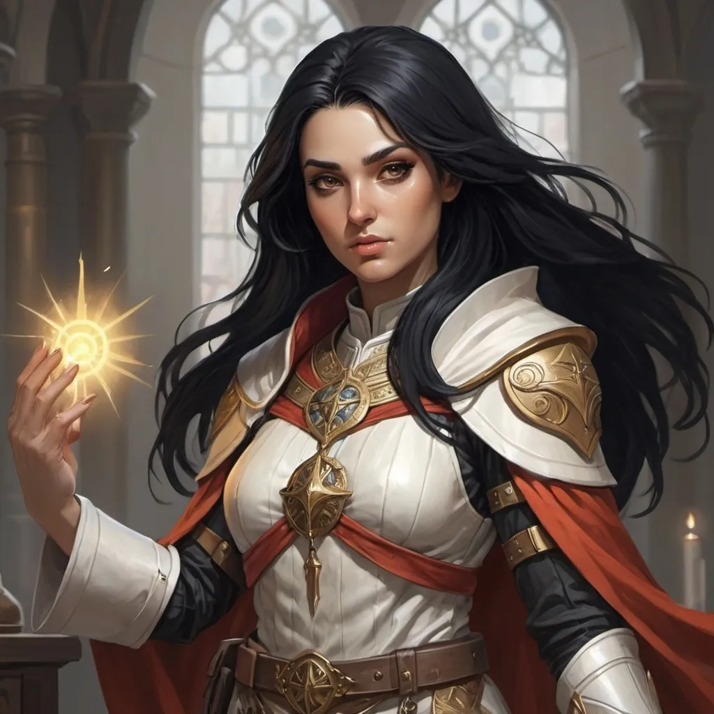 Prompt: Female Aasimar Cleric that upholds the ideas of justice, with black hair