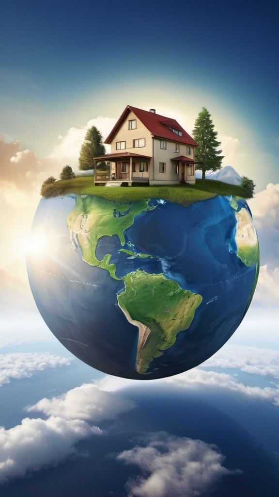 Prompt: Create a picture with a house on a globe of the earth as if it were heavenly