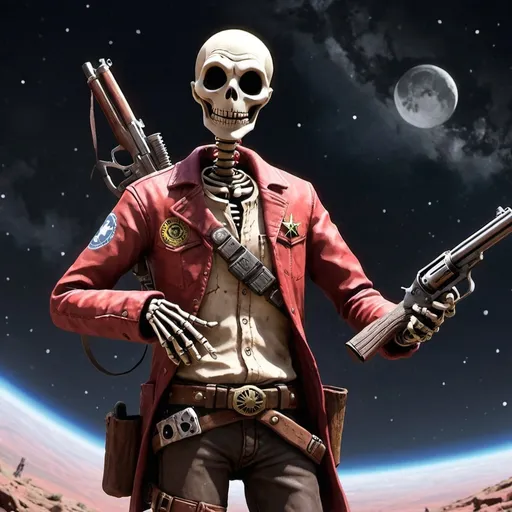 Prompt: Rick grimes from the walking dead playing red dead redemption in space with jack skellington