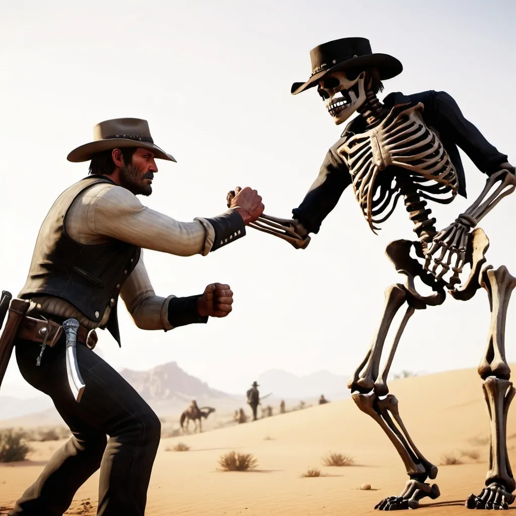 Prompt: Arthur morgan from red dead redemption fist fighting a skeleton in the desert