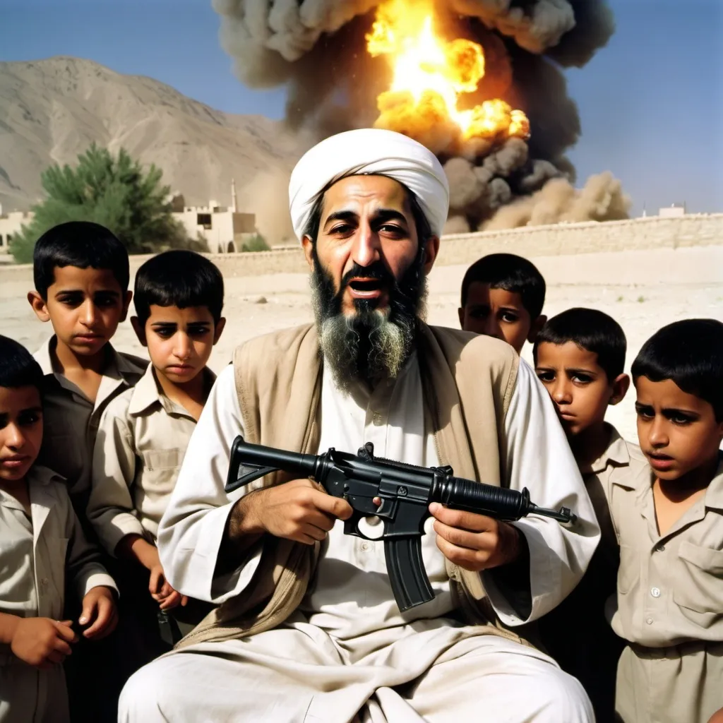 Prompt: Osama bin laden blowing up kids with a bomb strapped to his chest