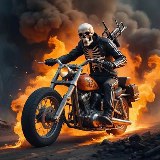 Prompt: A skeleton riding a motercycle ramping over a pit of fire while holding two ak-47s