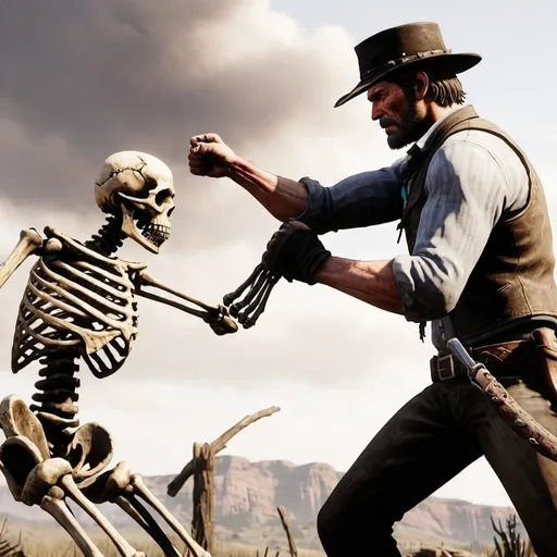 Prompt: Arthur morgan from red dead redemption fist fighting a skeleton