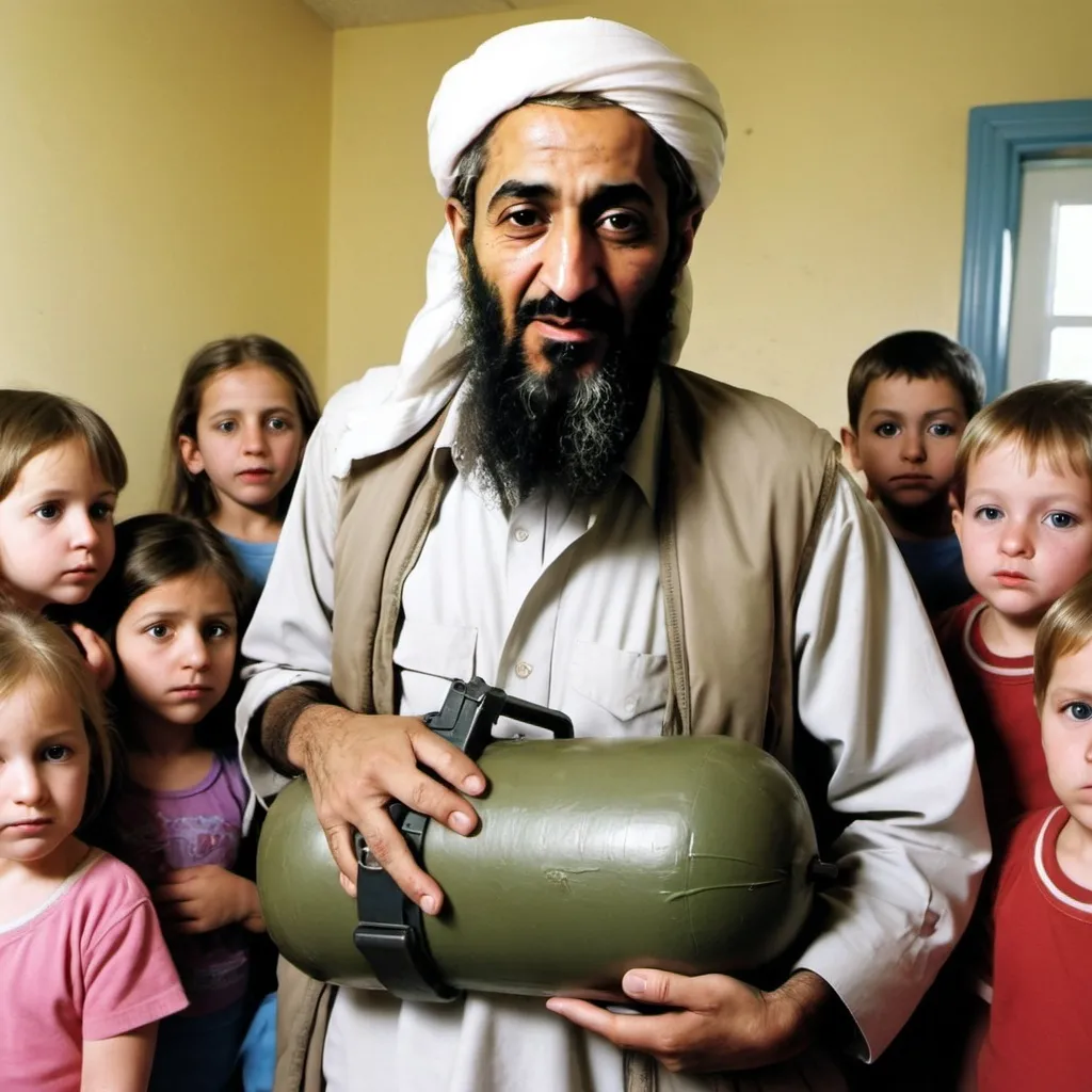 Prompt: Osama bin laden with a bomb strapped to his chest at a daycare with kids