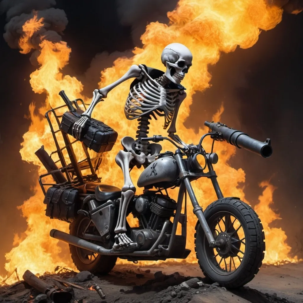 Prompt: A skeleton riding a motercycle ramping over a pit of fire while holding two ak-47s