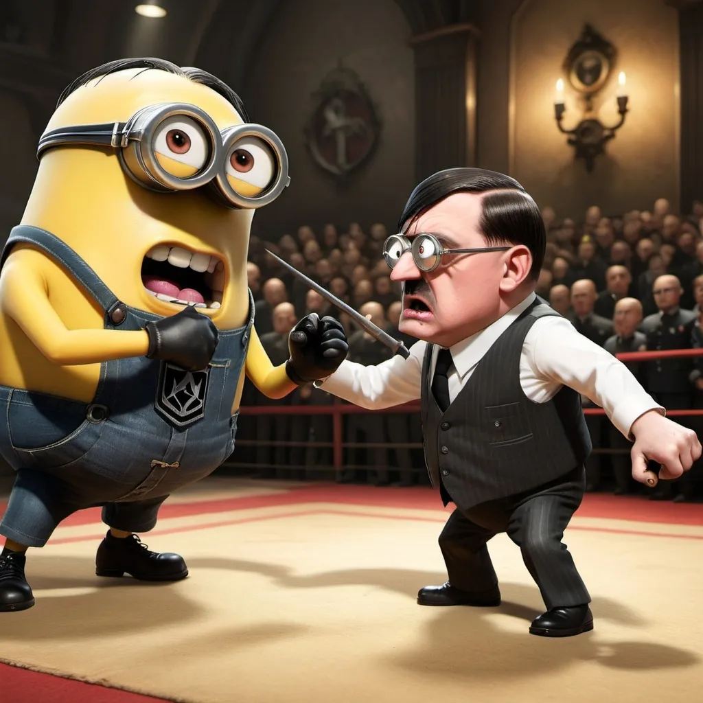 Prompt: Adolf hitler fighting a minion from despicable me in a deathmatch