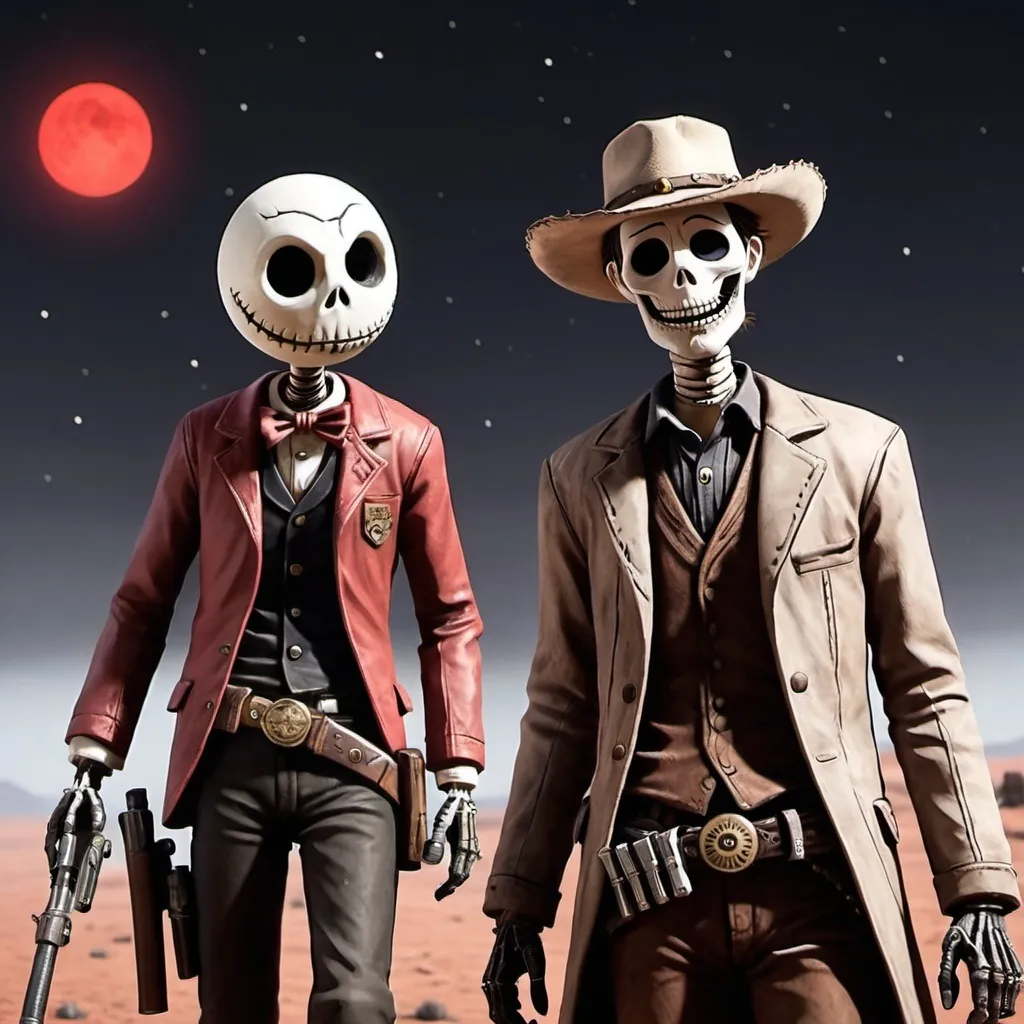 Prompt: Rick grimes playing red dead redemption in space with jack skellington