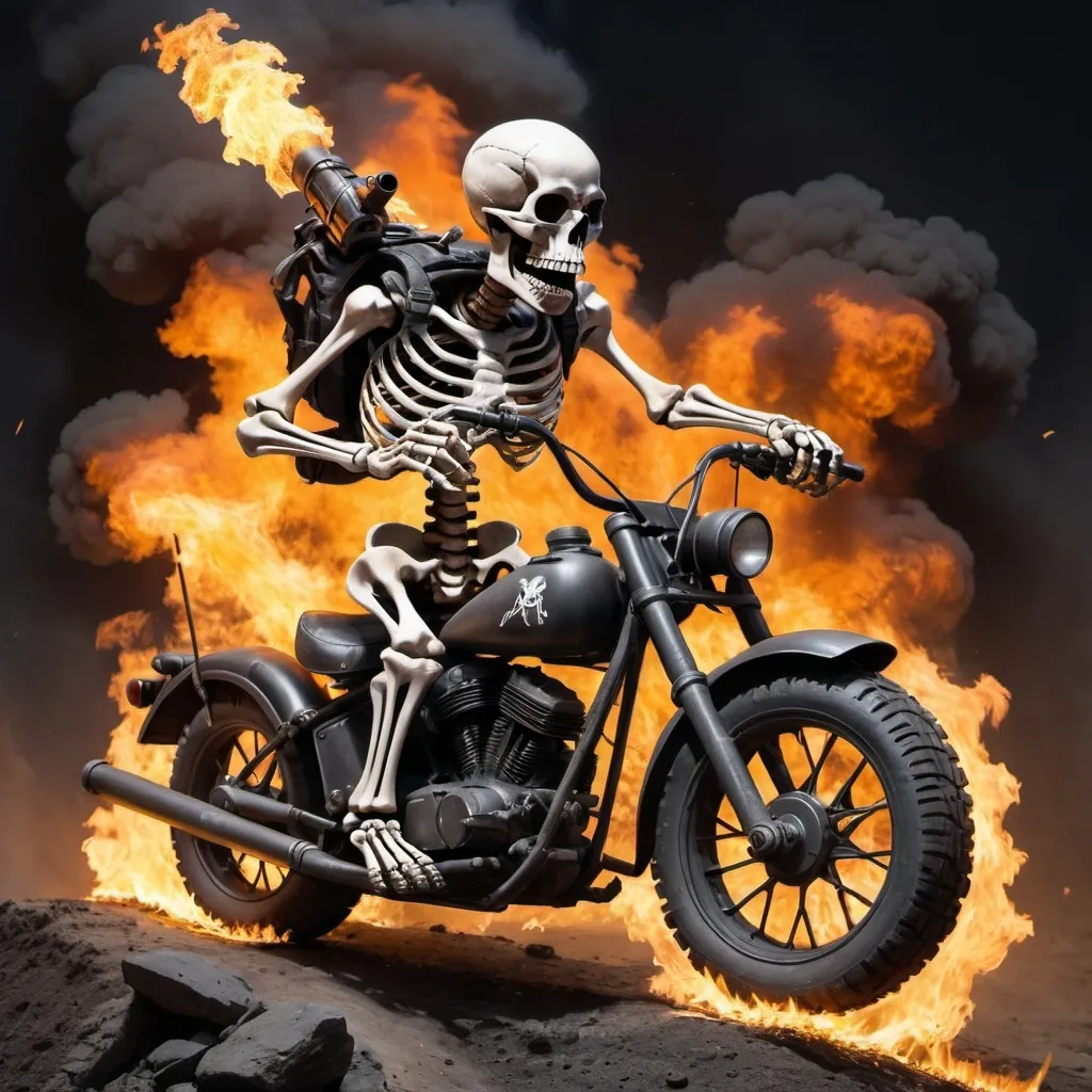 Prompt: A skeleton riding a motercycle ramping over a pit of fire while holding two ak-47s