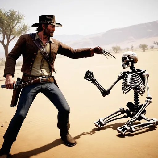 Prompt: Arthur morgan from red dead redemption fist fighting a skeleton in the desert