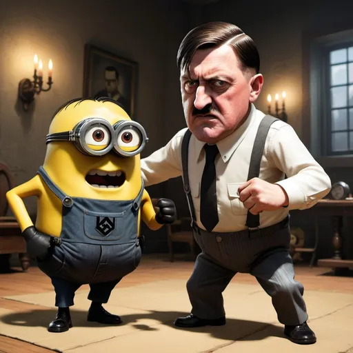 Prompt: Adolf hitler fighting a minion from despicable me in a deathmatch