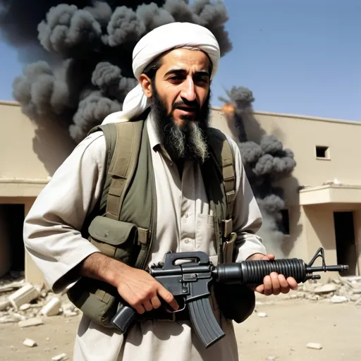 Prompt: Osama bin laden blowing up a daycare with a bomb strapped to his chest