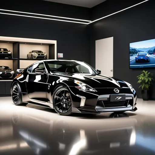 Prompt: A black JDM car in showroom display similar to the Nissan Fairlady Z.