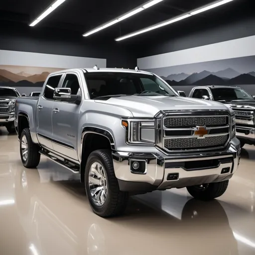 Prompt: (beautiful pickup truck), rugged yet elegant design, shining bright metallic paint, chrome accents, in an ambient showroom setting, ultra-detailed, high quality, showcasing the truck’s beauty and character majestically.