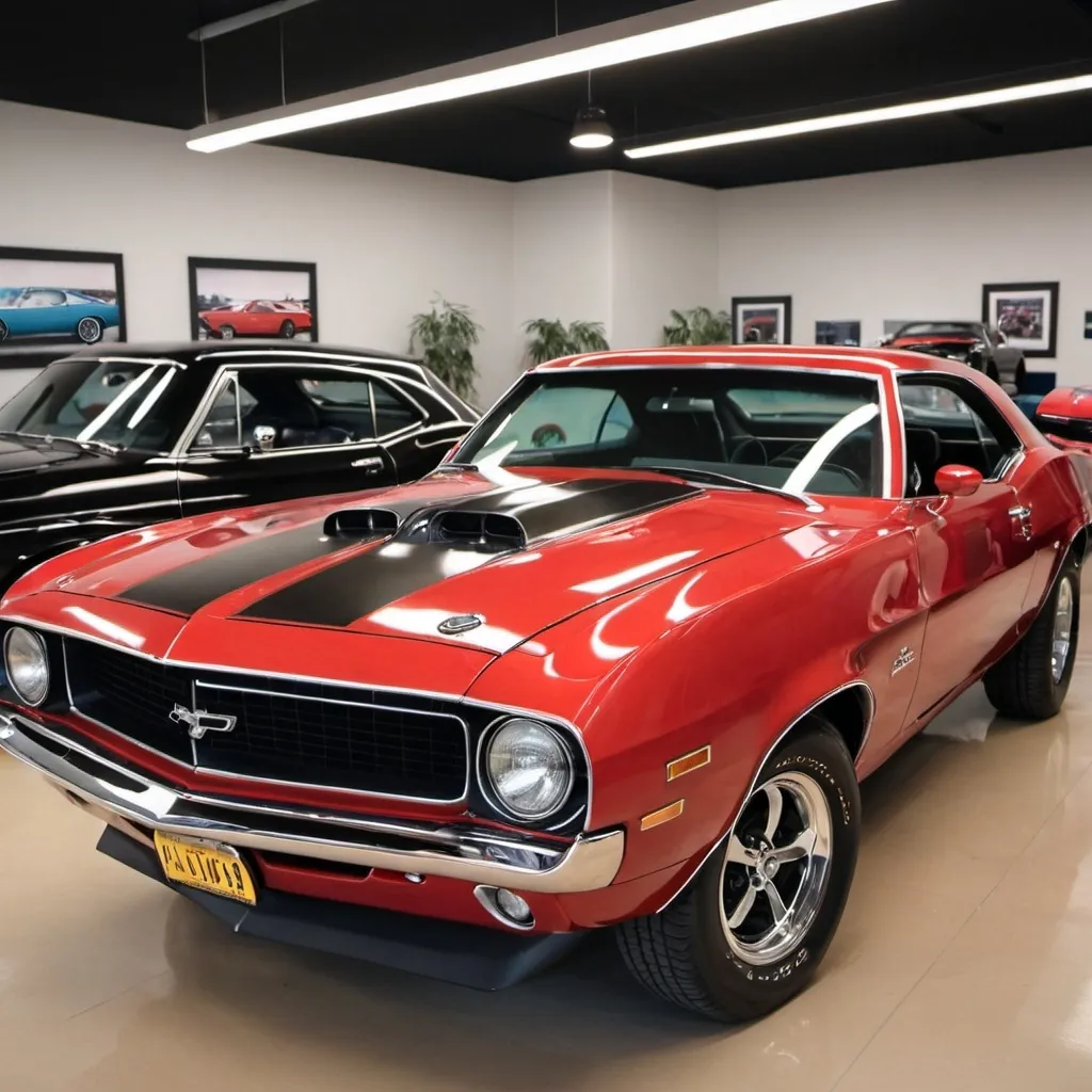 Prompt: A red colored muscle car in a showroom.