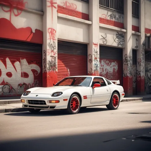 Prompt: An old white-colored JDM car with red accent. 