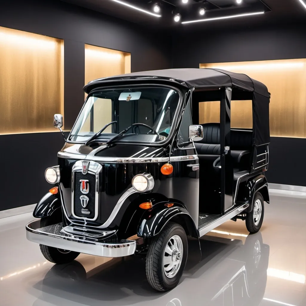 Prompt: (A beautiful black tuktuk), rugged yet elegant design, shining bright metallic paint, chrome accents, in an ambient showroom setting, ultra-detailed, high quality, showcasing the tuktuk's beauty and character majestically.