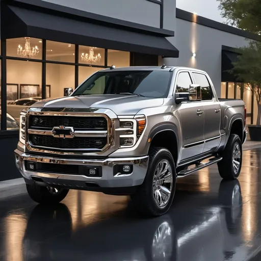 Prompt: (beautiful pickup truck), rugged yet elegant design, shining bright metallic paint, chrome accents, in an ambient showroom setting, ultra-detailed, high quality, showcasing the truck’s beauty and character majestically.