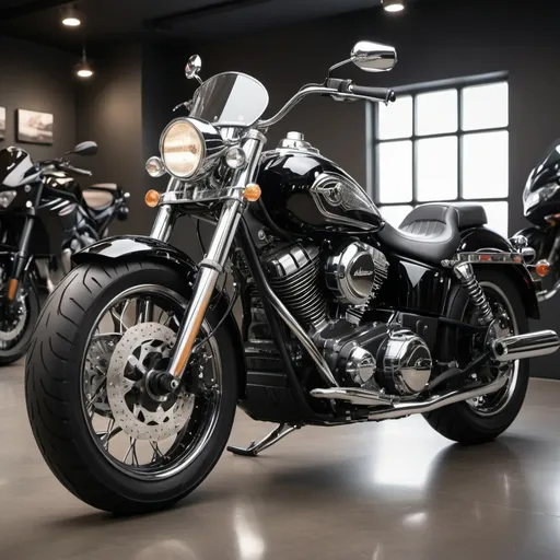 Prompt: (A beautiful black motorcycle), rugged yet elegant design, shining bright metallic paint, chrome accents, in an ambient showroom setting, ultra-detailed, high quality, showcasing the motorcycle's tank's beauty and character majestically.