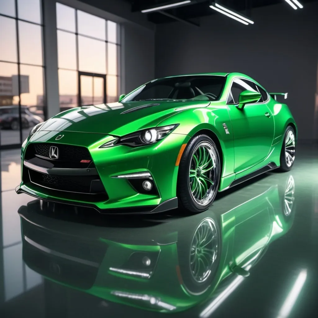 Prompt: An metallic green modern JDM car sitting in a showroom.