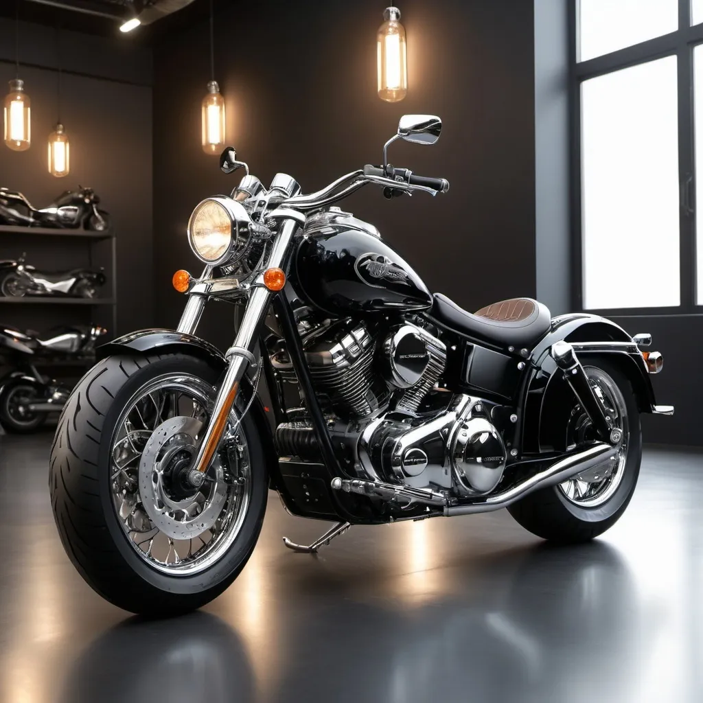 Prompt: (A beautiful black motorcycle), rugged yet elegant design, shining bright metallic paint, chrome accents, in an ambient showroom setting, ultra-detailed, high quality, showcasing the motorcycle's tank's beauty and character majestically.