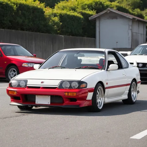 Prompt: An old white-colored JDM car with red accent. 