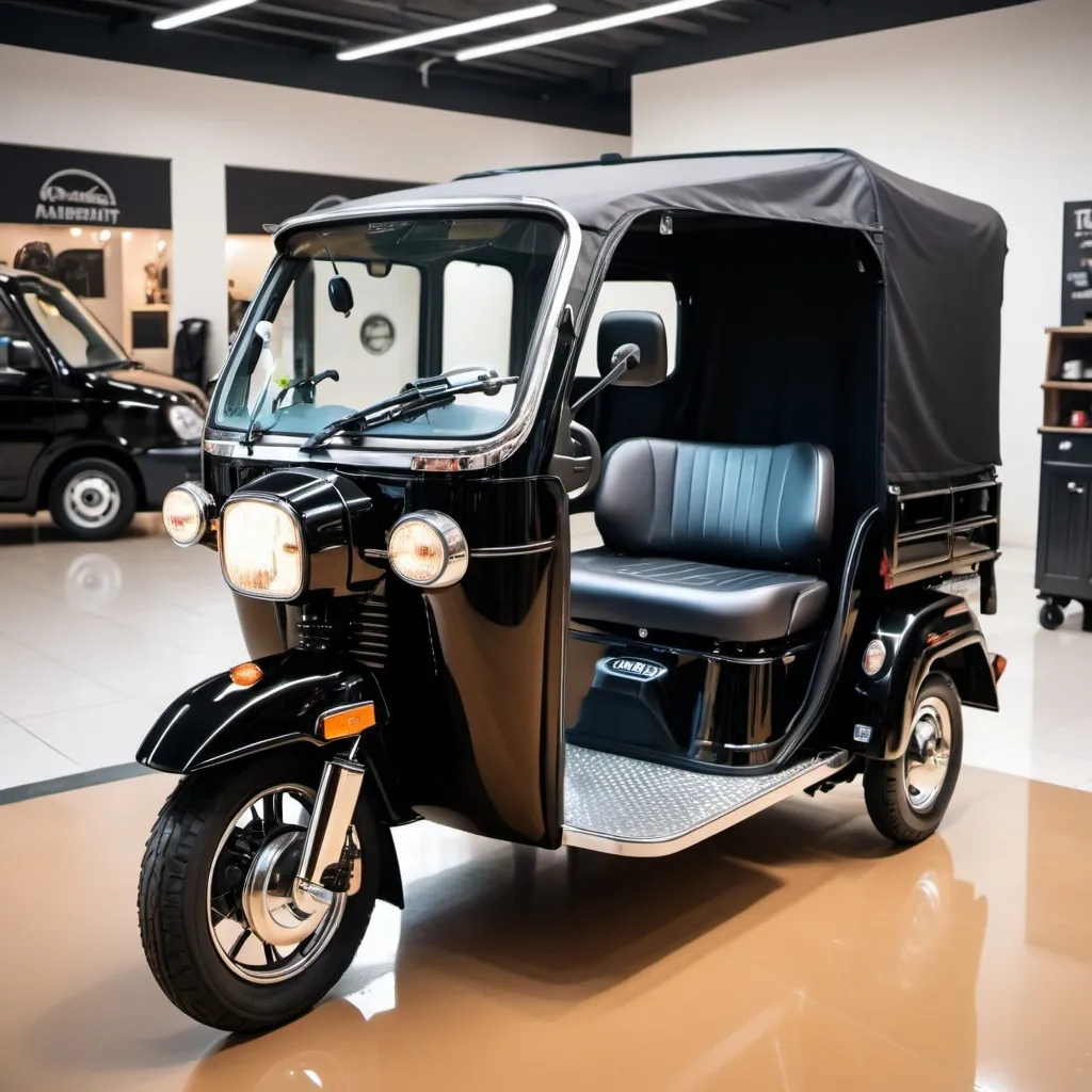 Prompt: (A beautiful black three-wheeled tuktuk), rugged yet elegant design, shining bright metallic paint, chrome accents, in an ambient showroom setting, ultra-detailed, high quality, showcasing the tuktuk's beauty, interior and character majestically.