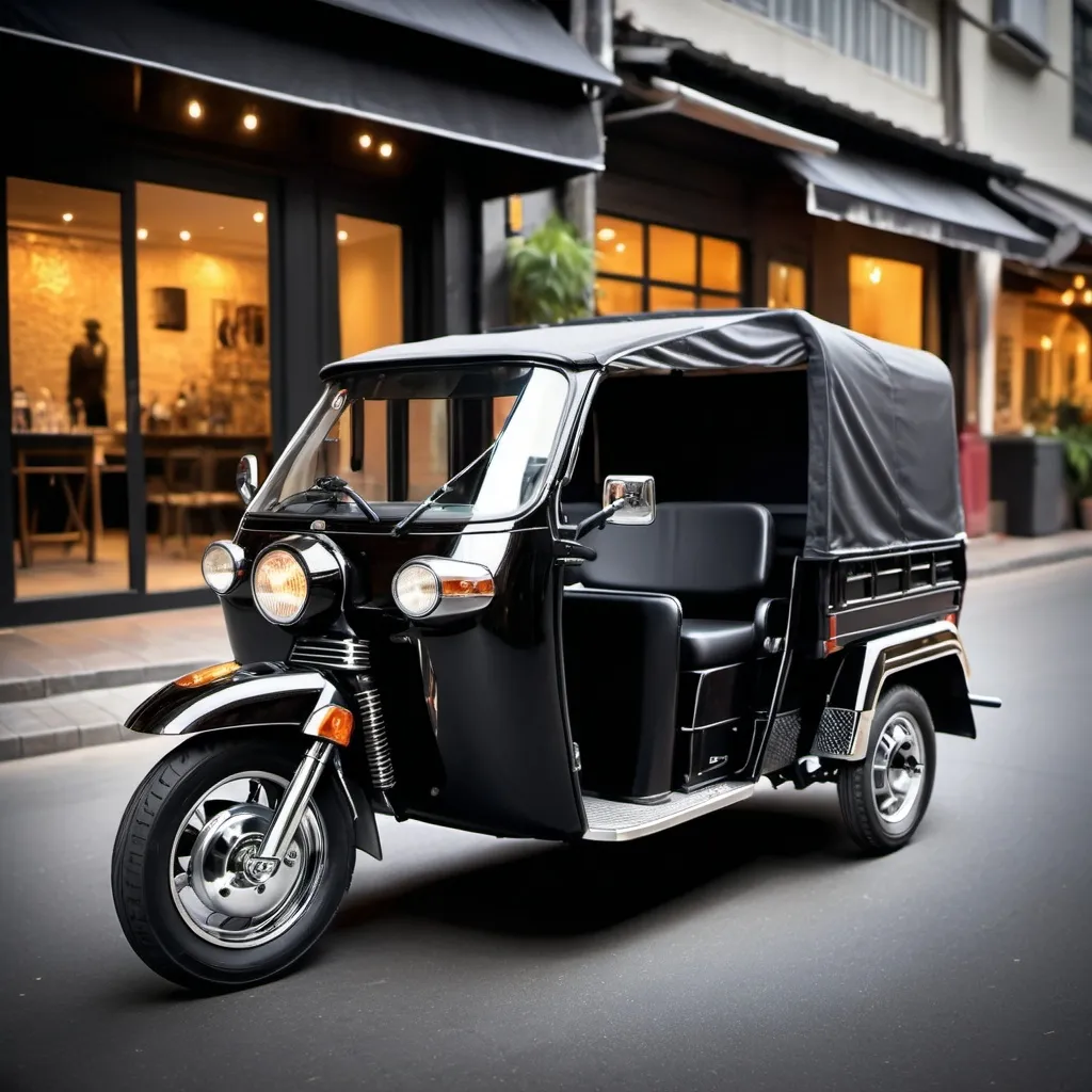 Prompt: (A beautiful black three-wheeled tuktuk), rugged yet elegant design, shining bright metallic paint, chrome accents, in an ambient showroom setting, ultra-detailed, high quality, showcasing the tuktuk's beauty, interior and character majestically.