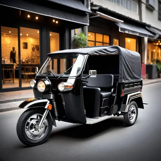 Prompt: (A beautiful black three-wheeled tuktuk), rugged yet elegant design, shining bright metallic paint, chrome accents, in an ambient showroom setting, ultra-detailed, high quality, showcasing the tuktuk's beauty, interior and character majestically.