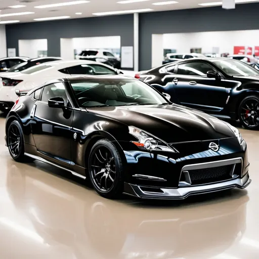 Prompt: A black JDM car in showroom display similar to the Nissan Fairlady Z.