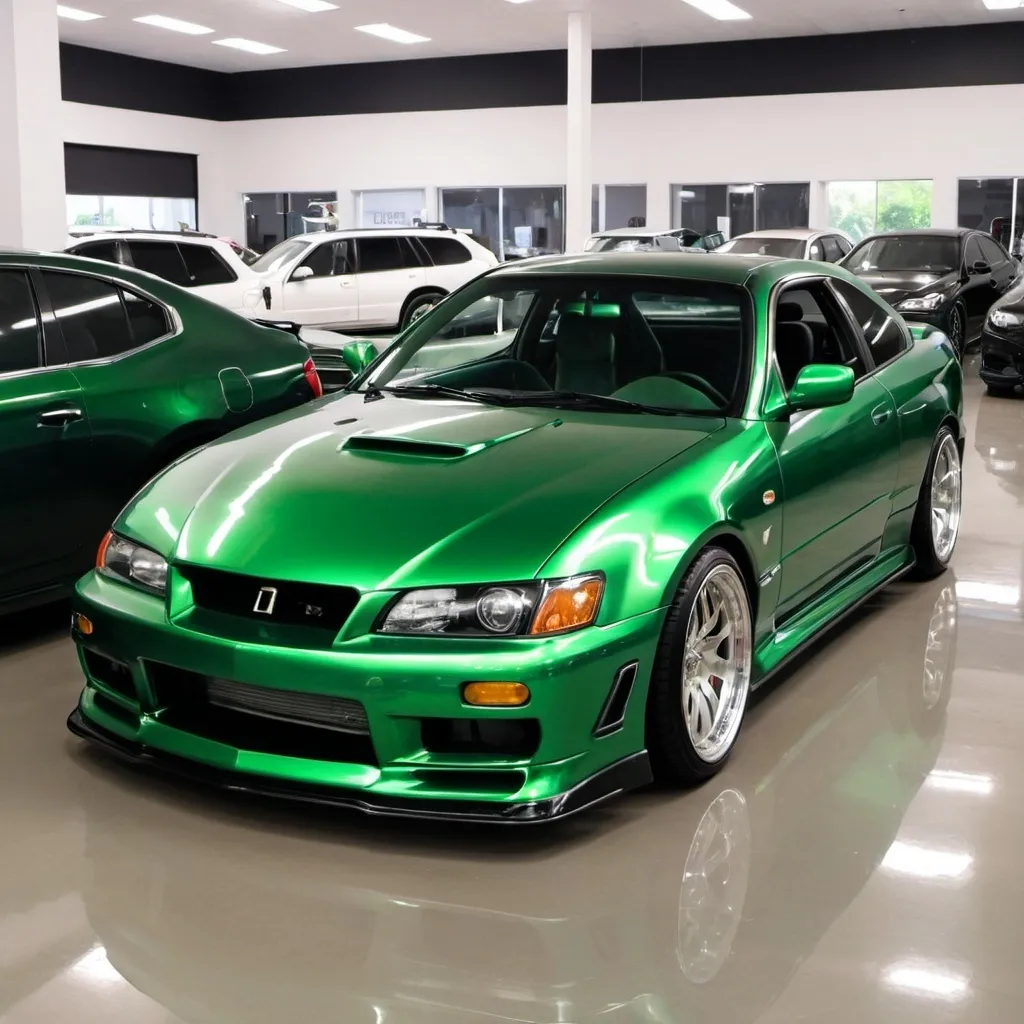 Prompt: An metallic green modern JDM car sitting in a showroom.