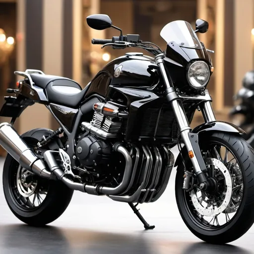 Prompt: (A beautiful black ADV motorcycle), rugged yet elegant design, shining bright metallic paint, chrome accents, in an ambient showroom setting, ultra-detailed, high quality, showcasing the motorcycle's tank's beauty and character majestically.