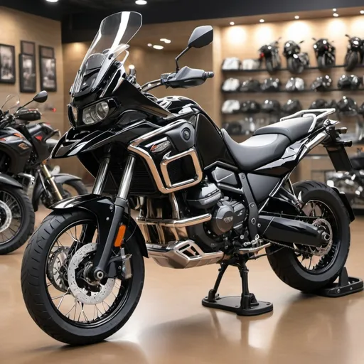 Prompt: (A beautiful black ADV motorcycle), rugged yet elegant design, shining bright metallic paint, chrome accents, in an ambient showroom setting, ultra-detailed, high quality, showcasing the motorcycle's tank's beauty and character majestically.