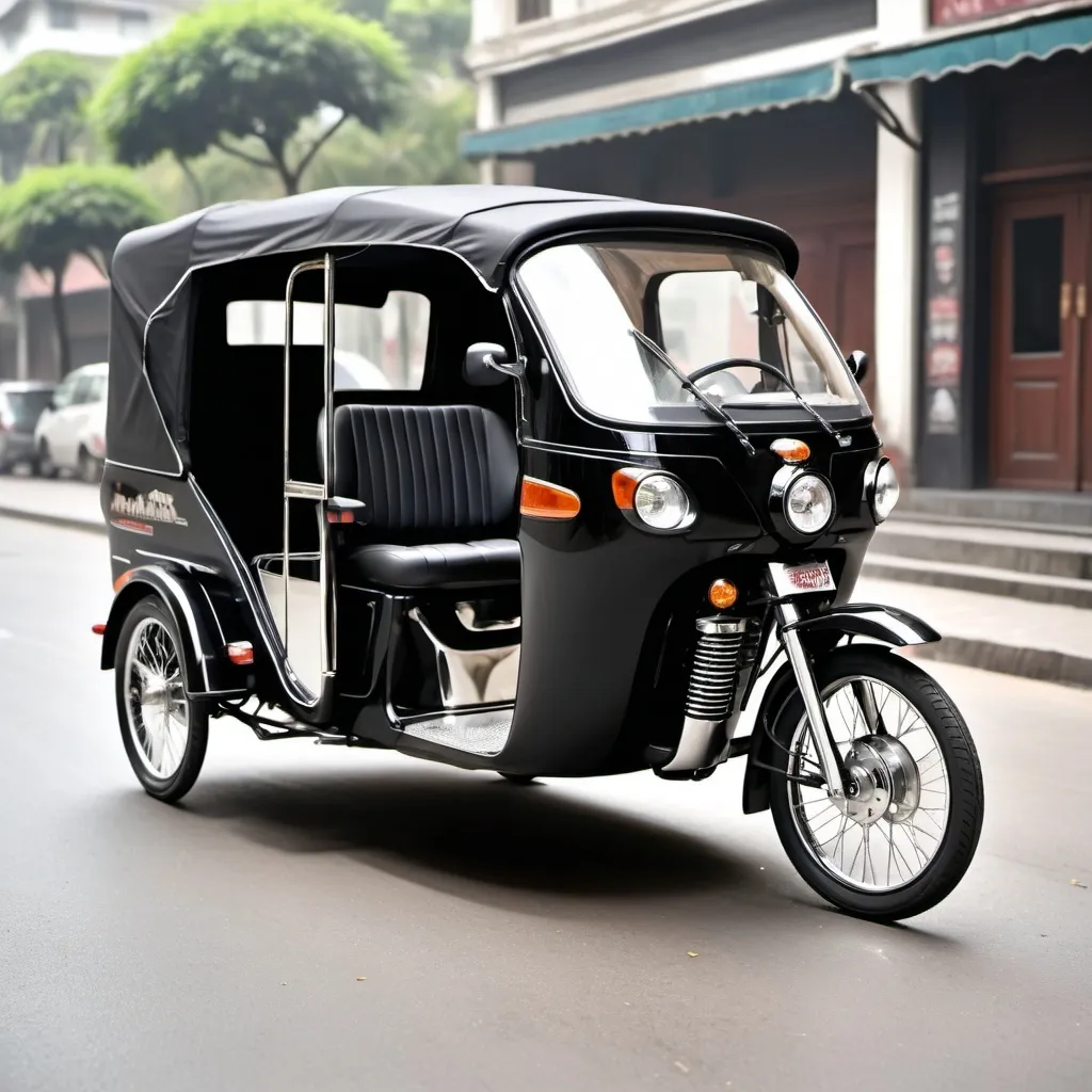 Prompt: (A beautiful black three-wheeled auto rickshaw), rugged yet elegant design, shining bright metallic paint, chrome accents, in an ambient showroom setting, ultra-detailed, high quality, showcasing the auto rickshaw's beauty, interior and character majestically.