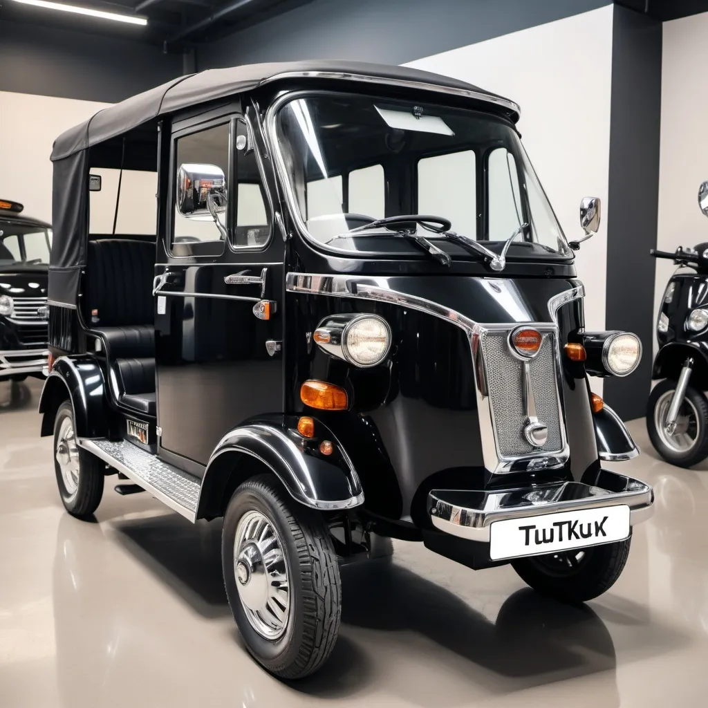 Prompt: (A beautiful black tuktuk), rugged yet elegant design, shining bright metallic paint, chrome accents, in an ambient showroom setting, ultra-detailed, high quality, showcasing the tuktuk's beauty and character majestically.