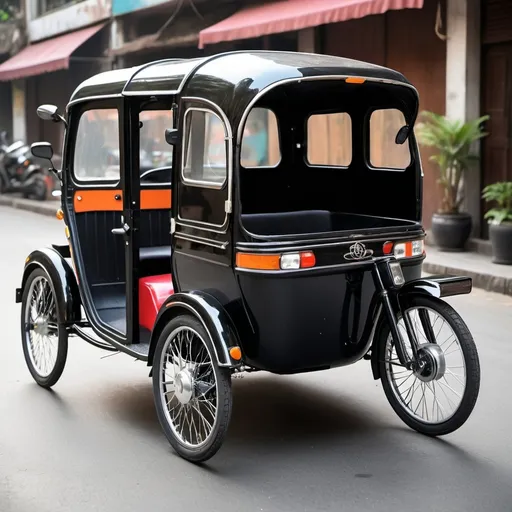 Prompt: (A beautiful black three-wheeled auto rickshaw), rugged yet elegant design, shining bright metallic paint, chrome accents, in an ambient showroom setting, ultra-detailed, high quality, showcasing the auto rickshaw's beauty, interior and character majestically.