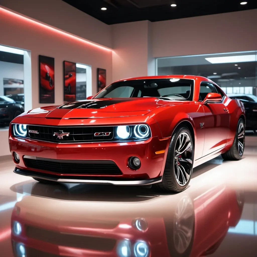 Prompt: A red colored muscle car in a showroom.