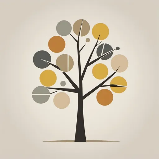 Prompt: Draw a minimalist, slightly geometric tree with a simple, straight trunk and a few sparsely branched, geometric branches. The tree should bear 10 fruits in total: 5 apples and 5 pears, mixed on the branches. The crown of the tree should consist of three overlapping, pebble-shaped forms that slightly intersect. Use calm, muted colors such as beiges, yellows, and grays. The design should be inspired by Lucienne Day’s 1960s textiles and the Mid-Century Modern style. The tree should function as a logo with print-quality resolution.