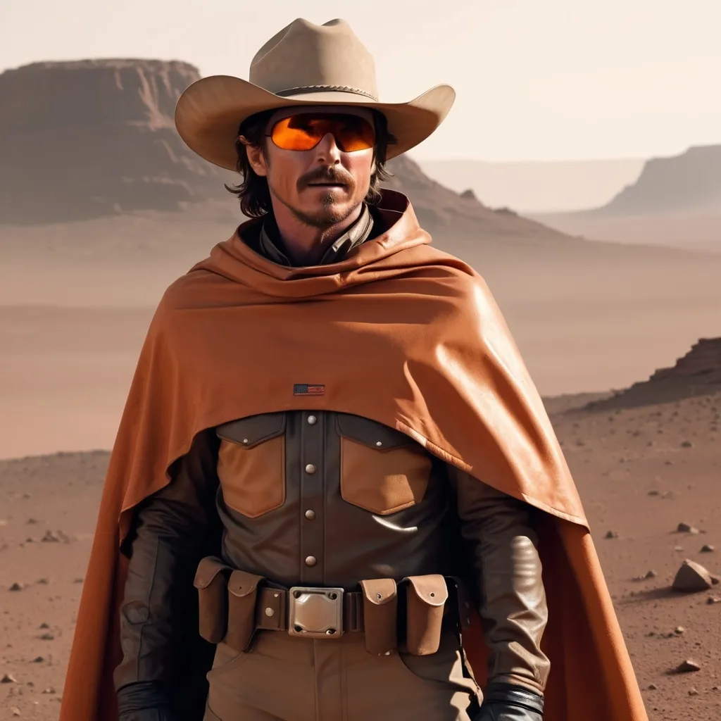 Prompt: Christian bale Retro space cowboy on mars with metal bullet proof chest plate. Cowboy hat and orange visor over eyes. Thick cape off shoulders and the mars landscape behind him 4k highly realistic gritty cowboy feel. Cowboy with sandpaper dark tan skin . clothed in dark brown tan and cowboy attire no orange