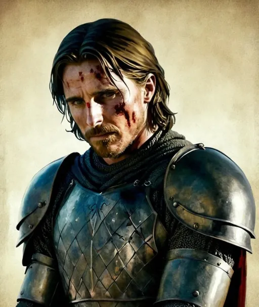 Prompt: Dark thick oil painting style of bloody Christian bale very thick oil painting impressionism. Visible paint strokes, Christian bale in medieval dirty knight armor. Color ranging from blue to grays.on battlefield painting style 