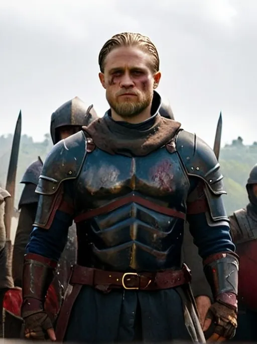 Prompt: Children of fire (Charlie Hunnam with beard with knight armor), wearing an (intact red chest plate), dark red and gold armor, face shadowed, (gritty features), (dark red to gold color palette), (4K), (battle field in back), (cinematic and  gritty ambiance), (face covered in grime and set in a grimace), (armor worn and scratched), (atmospheric lighting), evoking (intense emotions), dramatic contrast in (shadow and light). Dark and light grey sky