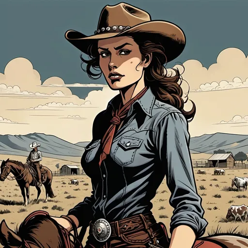 Prompt: Woman cowboy, landfields, detailed, dark colors, dramatic, graphic novel illustration,  2d shaded retro comic book