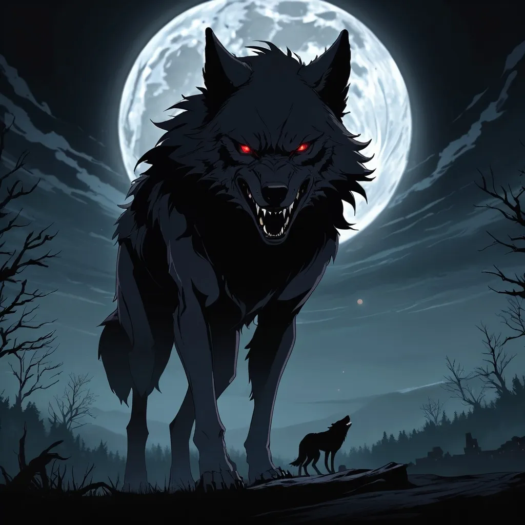 Prompt: 2d dark j horror anime style, dark angry wolf, anime scene,the eerie atmosphere, the reavens in the background,the dramatic shadows enhancing the emotions, (4K, pulsar moon)
