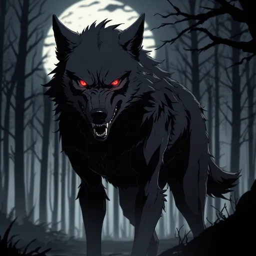 Prompt: 2d dark j horror anime style, dark angry wolf, anime scene,the eerie atmosphere, the reavens in the background,the dramatic shadows enhancing the emotions, (4K, very detailed).
