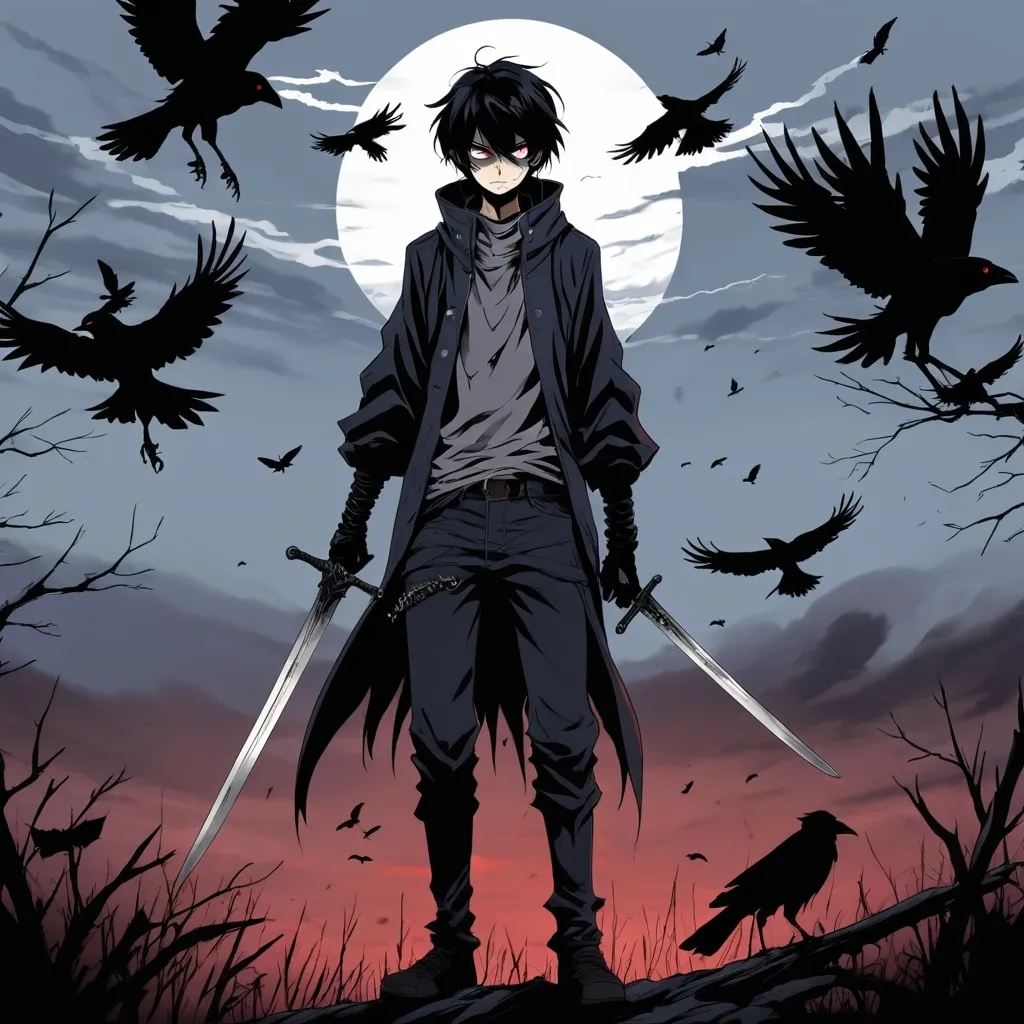 Prompt: 2d dark j horror anime style, boy, anime scene, crows, sword, coold steel, 