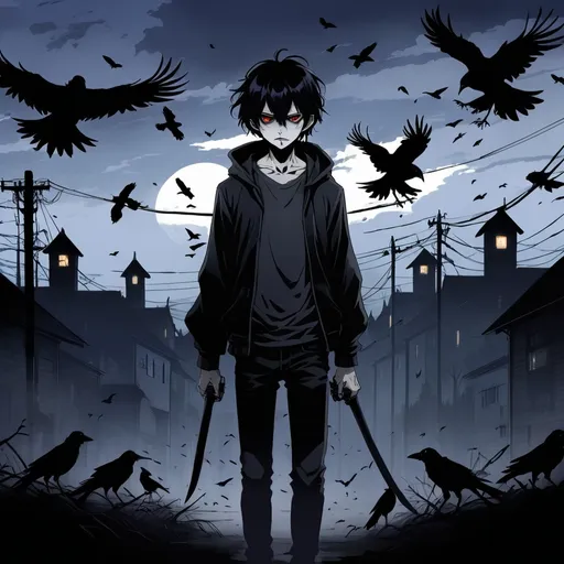 Prompt: 2d dark j horror anime style, boy, anime scene, crows, 