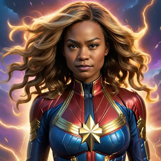 Prompt: (Kalama Harris as Captain Marvel), (fantasy style), vibrant color scheme, majestic atmosphere, dynamic lightning effects, dramatic clouds swirling in the background, powerful pose with flowing hair, rich blues and purples, enhanced character details, fierce facial expression, high energy and magical aura, ultra-detailed, HD.