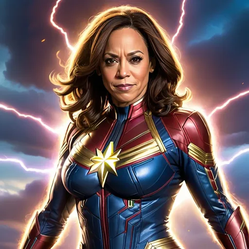 Prompt: (Kamala Harris dressed Captain Marvel), (fantasy style), (full standing picture) vibrant color scheme, majestic atmosphere, dynamic lightning effects, dramatic clouds swirling in the background, powerful pose with her normal, rich blues and purples, enhanced character details, natural facial expression, high energy and magical aura, ultra-detailed, HD.