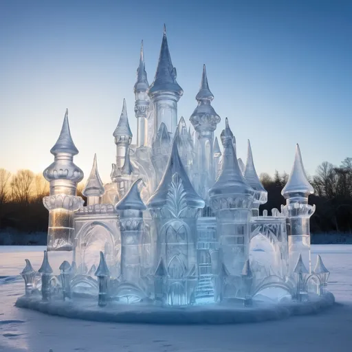 Prompt: A detailed and vibrant transparent ice sculpture of a fairy castle in a field of snow